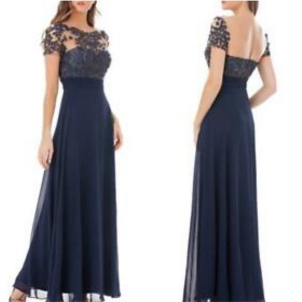 JS Collections Navy Beaded Cap-Sleeve Chiffon Evening Gown